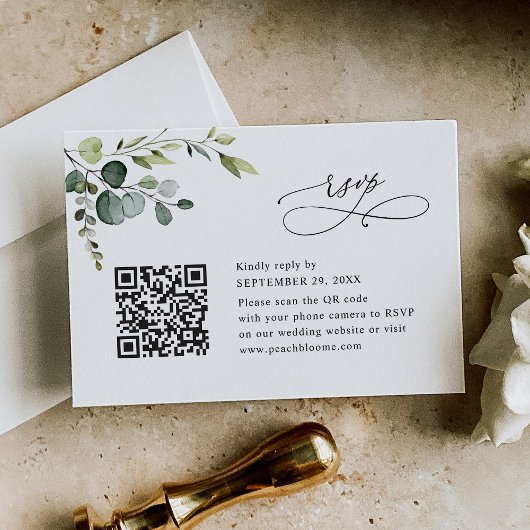 Dusty Blue Eucalyptus Greenery Wedding QR Code RSVP Kaartje