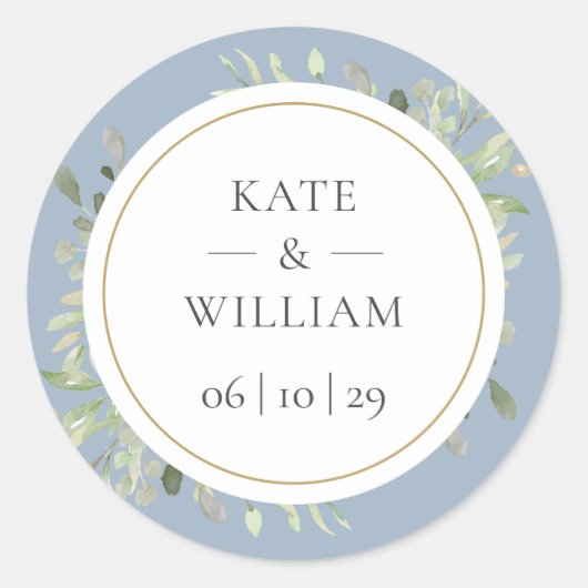 Dusty Blue Eucalyptus Greenery Wedding Ronde Sticker (Voorkant)
