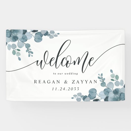 Dusty Blue Eucalyptus Greenery Wedding Welcome Spandoek (Horizontaal)