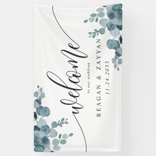 Dusty Blue Eucalyptus Greenery Wedding Welcome Spandoek (Verticaal)