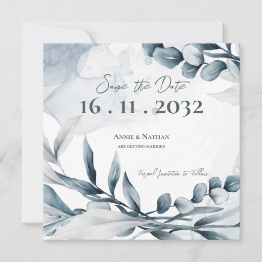 Dusty Blue Eucalyptus laat elegante bruiloft achte Save The Date (Voorkant)