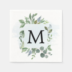 Dusty Blue Eucalyptus Monogram Cocktail servet