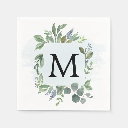 Dusty Blue Eucalyptus Monogram Cocktail servet (Voorkant)