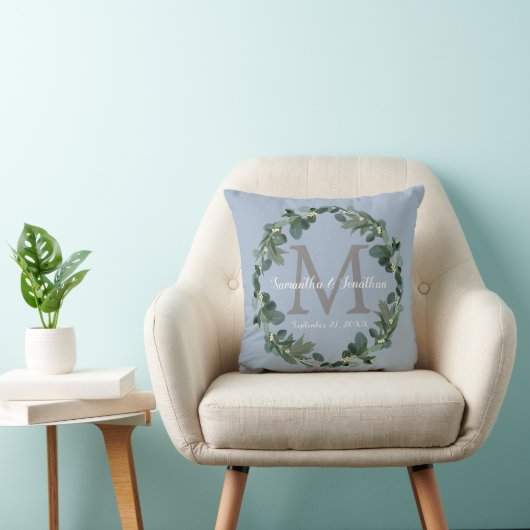Dusty Blue Eucalyptus Monogram Weddenschap Kussen (Stoel)