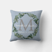 Dusty Blue Eucalyptus Monogram Weddenschap Kussen (Achterkant)