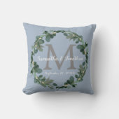Dusty Blue Eucalyptus Monogram Weddenschap Kussen (Voorkant)