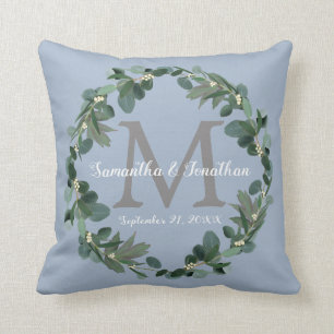 Dusty Blue Eucalyptus Monogram Weddenschap Kussen