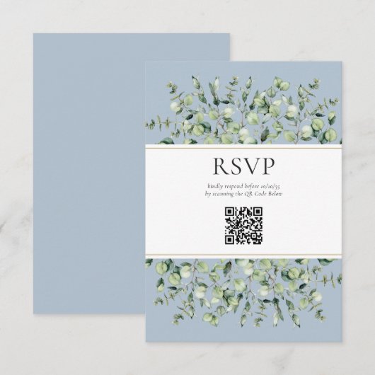 Dusty Blue Eucalyptus QR Code Wedding RSVP  Informatiekaartje (Voorkant / Achterkant)