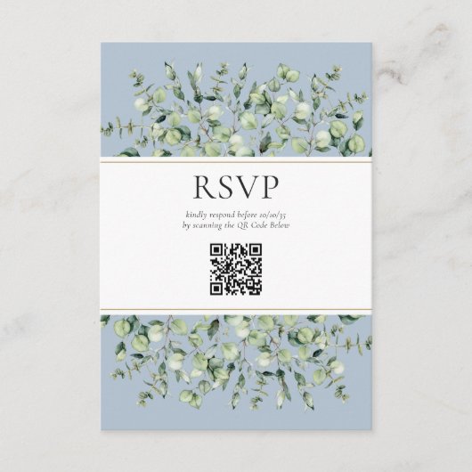 Dusty Blue Eucalyptus QR Code Wedding RSVP  Informatiekaartje (Voorkant)
