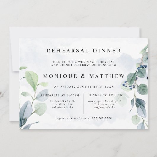 Dusty Blue Eucalyptus Rustic Dinner Kaart (Voorkant)