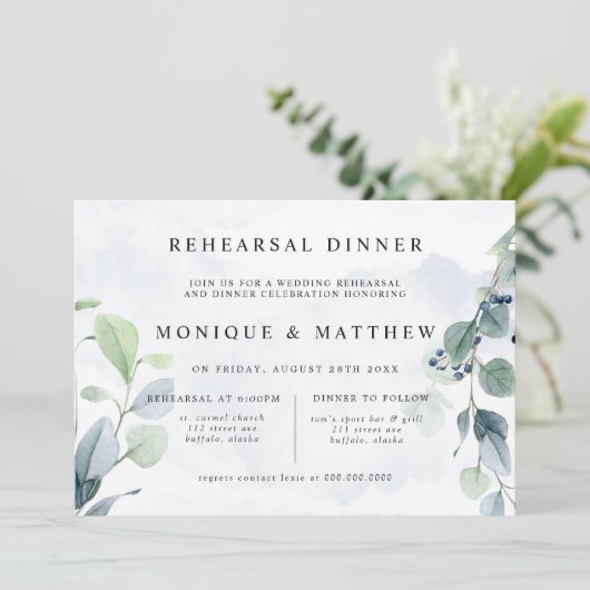 Dusty Blue Eucalyptus Rustic Dinner Kaart (Staand voorkant)