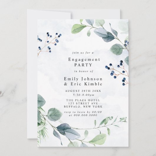 Dusty Blue Eucalyptus Rustic Engagement Party Kaart (Voorkant)