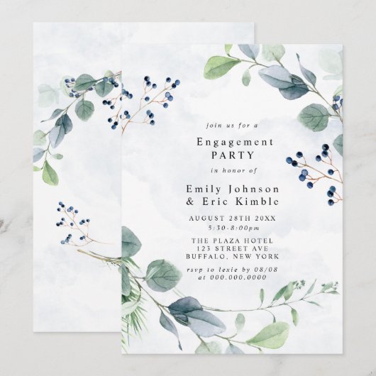 Dusty Blue Eucalyptus Rustic Engagement Party Kaart (Voorkant / Achterkant)