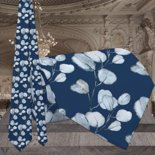 Dusty Blue Eucalyptus Sprigs Navy Weddenschap Stro Stropdas