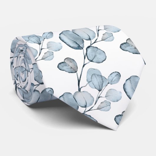 Dusty Blue Eucalyptus Sprigs White Wedding Stropdas (Opgerold)