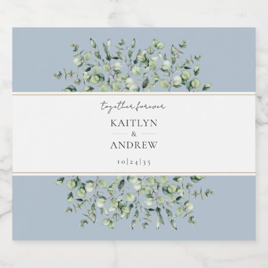 Dusty Blue Eucalyptus Together Forever Wedding  Sparkling Wijnetiket (Enkel label)