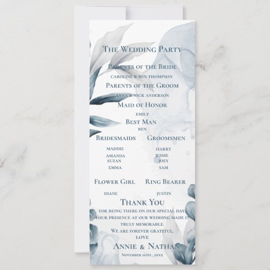 Dusty Blue Eucalyptus verlaat huwelijksprogramma Kaart (Achterkant)