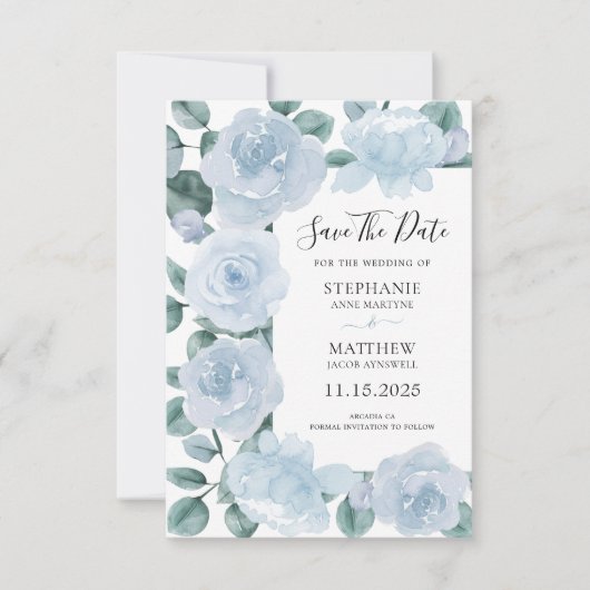 Dusty Blue Eucalyptus Waterverf Bloemenbruiloft Save The Date (Voorkant)
