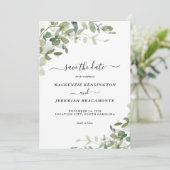 Dusty Blue Eucalyptus Weddenschap Save the Date (Staand voorkant)