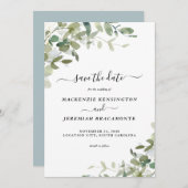 Dusty Blue Eucalyptus Weddenschap Save the Date (Voorkant / Achterkant)