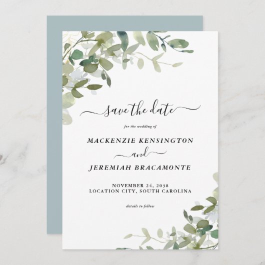 Dusty Blue Eucalyptus Weddenschap Save the Date (Voorkant / Achterkant)