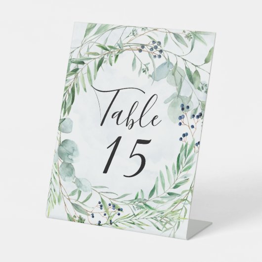 Dusty Blue Eucalyptus Weddenschappen Table Number Reclamebord Met Voetstuk (Voorkant)
