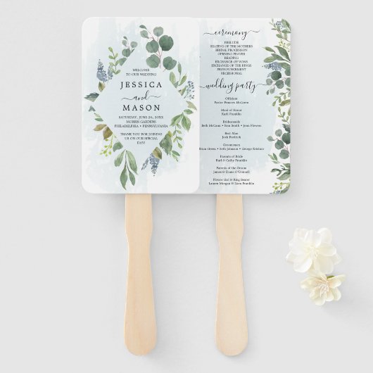 Dusty Blue Eucalyptus Wedding Programme Fan Handwaaier (Voorkant en achterkant)