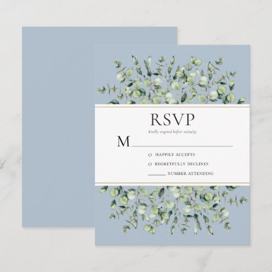 Dusty Blue Eucalyptus Wedding RSVP Kaartje (Voorkant / Achterkant)