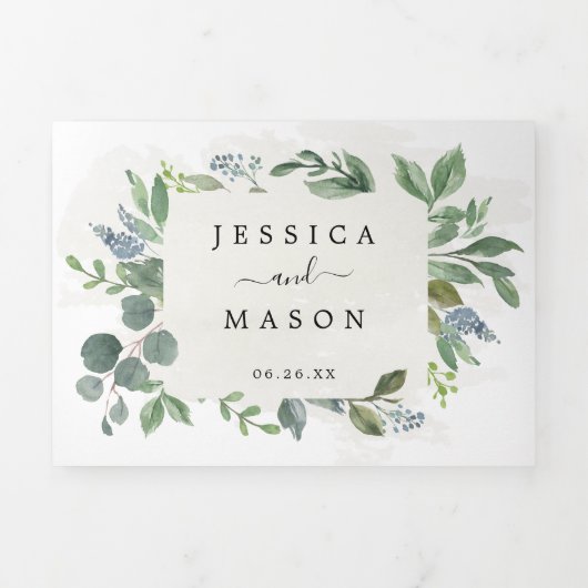 Dusty Blue Eucalyptus Wedding Tri-Fold Invitations Drieluik Uitnodiging (Cover)