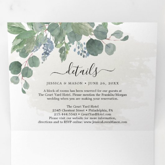 Dusty Blue Eucalyptus Wedding Tri-Fold Invitations Drieluik Uitnodiging (Binnenzijde eerst)