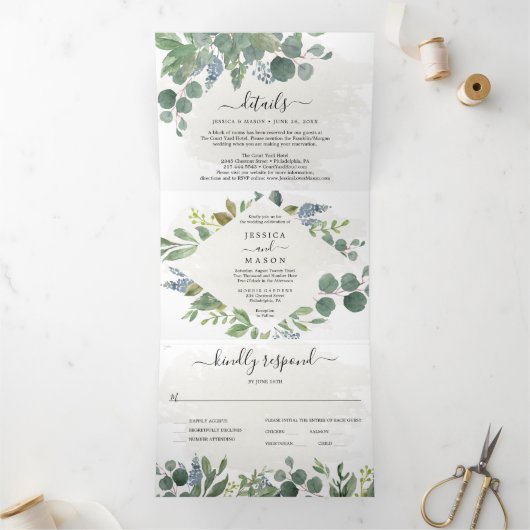 Dusty Blue Eucalyptus Wedding Tri-Fold Invitations Drieluik Uitnodiging (Binnen)
