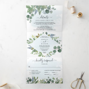 Dusty Blue Eucalyptus Wedding Tri-Fold Invitations Drieluik Uitnodiging