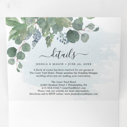 Dusty Blue Eucalyptus Wedding Tri-Fold Invitations Drieluik Uitnodiging (Binnenzijde eerst)