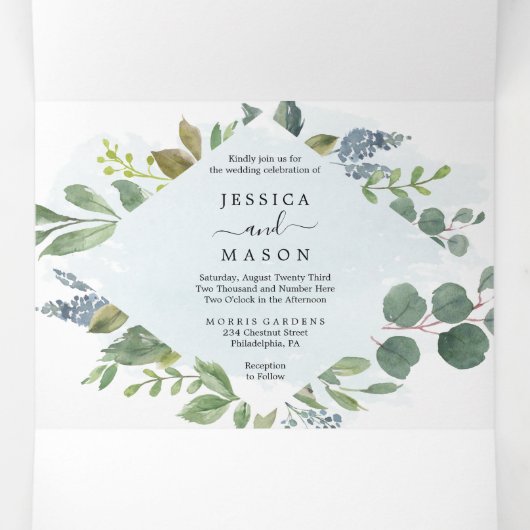 Dusty Blue Eucalyptus Wedding Tri-Fold Invitations Drieluik Uitnodiging (Binnenkant midden)