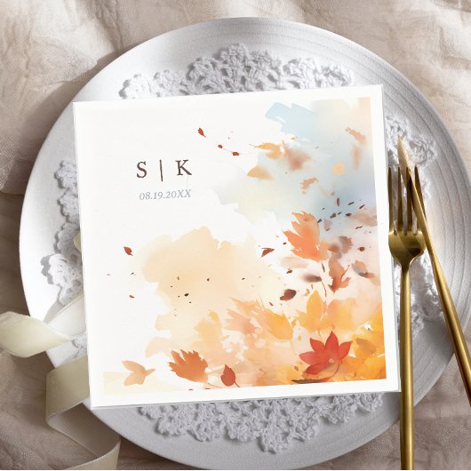 Dusty Blue Fall Leaves Monogram Wedding Servet