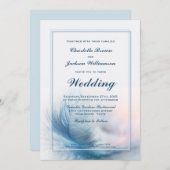 Dusty Blue Feather Wedding Invitation met RSVP Kaart (Voorkant / Achterkant)