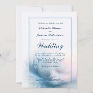 Dusty Blue Feather Wedding Invitation met RSVP Kaart