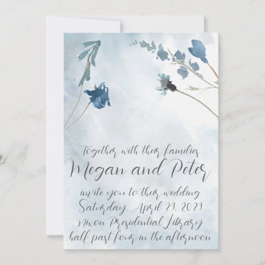 Dusty Blue Fine Art Calligraphy Style Wedding Kaart (Voorkant)