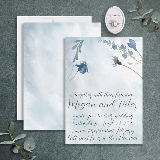 Dusty Blue Fine Art Calligraphy Style Wedding Kaart