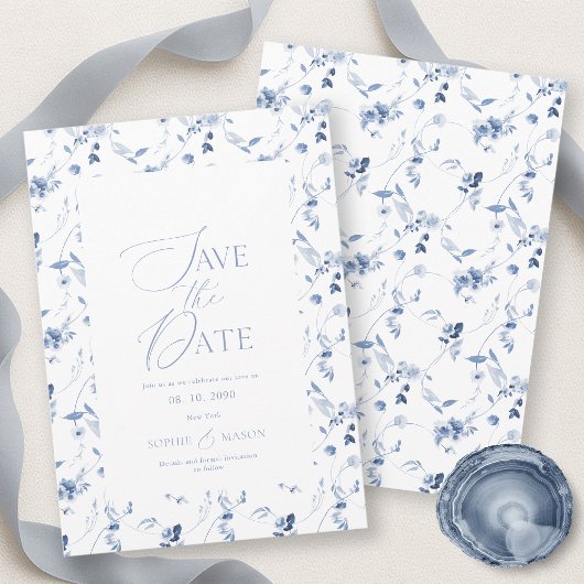 Dusty Blue Fine Art Floral Save the Date Card Kaart