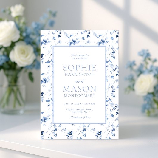 Dusty Blue Fine Art Floral Wedding Invitation Kaart
