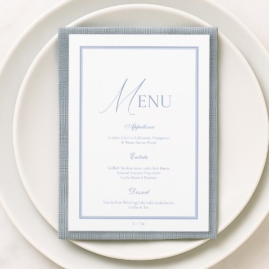 Dusty Blue Fine Art Floral Wedding Menu Card Kaart