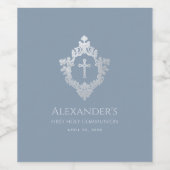 Dusty Blue First Communion Boy Cross  Crest Wijn Etiket (Enkel label)
