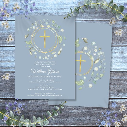 Dusty Blue First Heilige Commune Greenery Gold Kaart