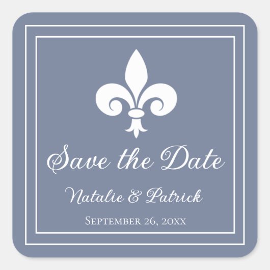 Dusty Blue Fleur de Lis Save the Date Stickers (Voorkant)
