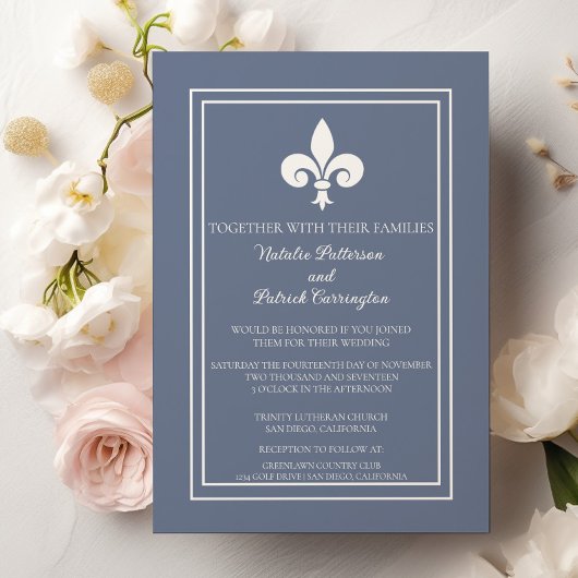 Dusty Blue Fleur de Lis Wedding Invitation Kaart
