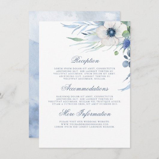 Dusty Blue Flora Trouwinformatie Gast Informatiekaartje (Voorkant / Achterkant)