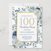 Dusty Blue Floral 100e verjaardag Kaart (Voorkant)