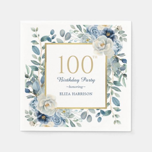Dusty Blue Floral 100e verjaardag Servet (Voorkant)