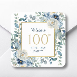 Dusty Blue Floral 100th Birthday Favoriet Vierkante Sticker